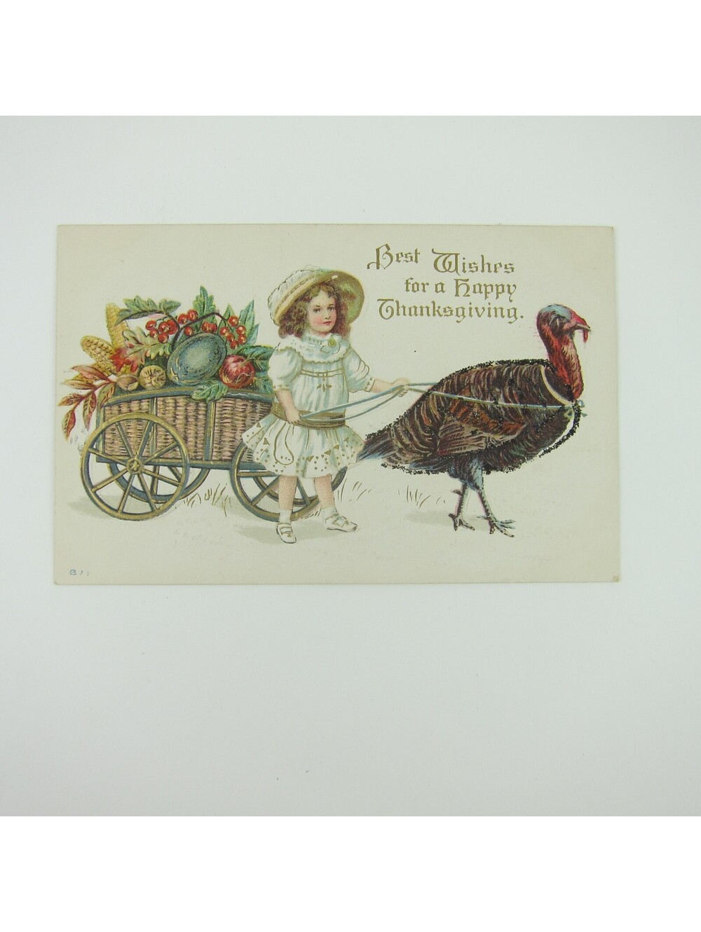 Thanksgiving Postcard Wild Turkey Pulls Cart Harvest Girl Hat Embossed Antique
